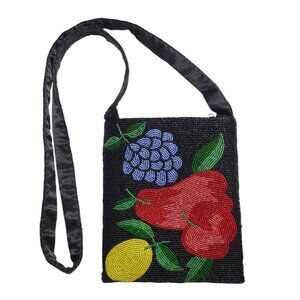Y&S Original Crossbody Bag Black Fruit Beaded Zipper Top Casual Whimsical Artsy